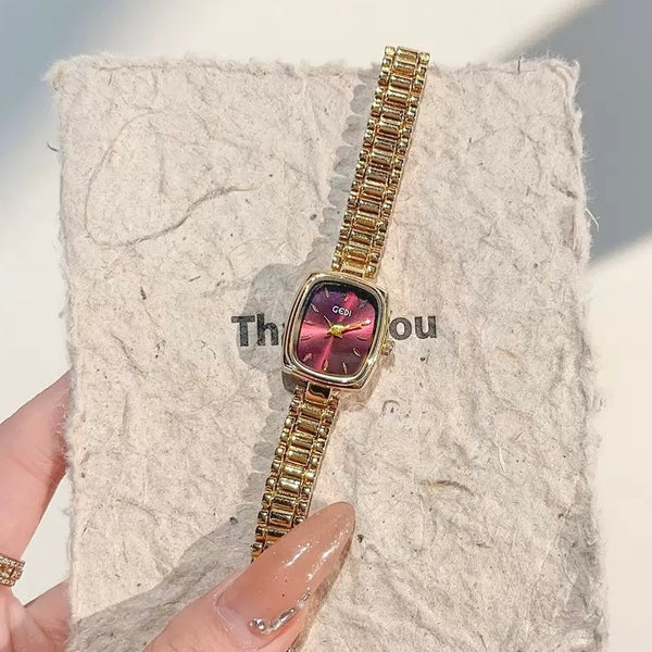 Red Dial Rectangle Shape Gold Watch