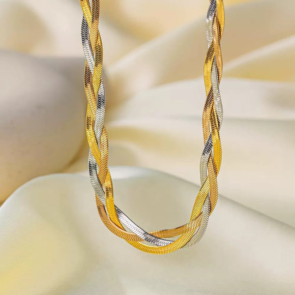 Twisted Herrinbone Chain 18K Gold Filled Over Stainless Steel Necklace