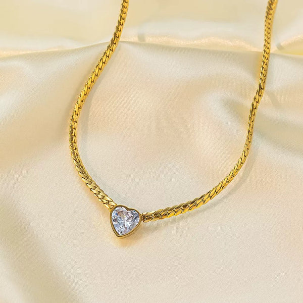 Heart 18K Gold Filled Over Stainless Steel Necklace With CZ