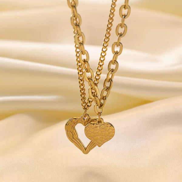 Double Heart 18K Gold Filled Over Stainless Steel Necklace