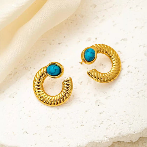 CC-Shaped Nature Turquoise Classic 18K Gold Filled Ear Studs