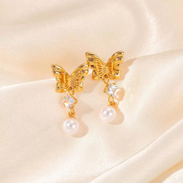 Dainty Butterfly 18K Gold Filled Ear Studs With Pearl