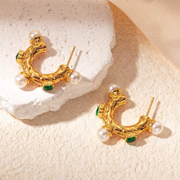 CC Shaped Multicolor 18K Gold Filled Ear Studs With Pearl