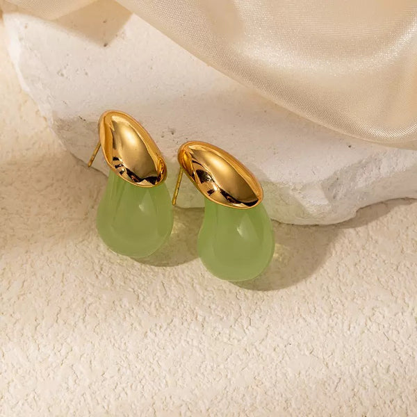 Green Resin Water Drop 18K Gold Filled Ear Studs