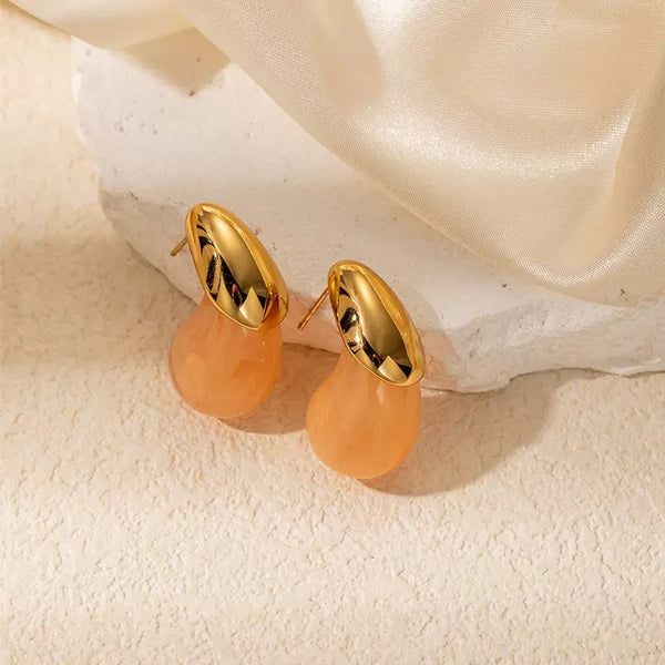 Orange Resin Water Drop 18K Gold Filled Ear Studs