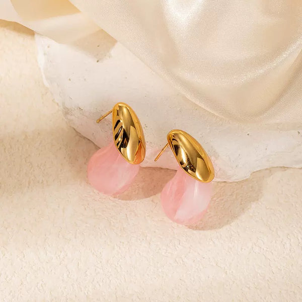 Pink Resin Water Drop 18K Gold Filled Ear Studs