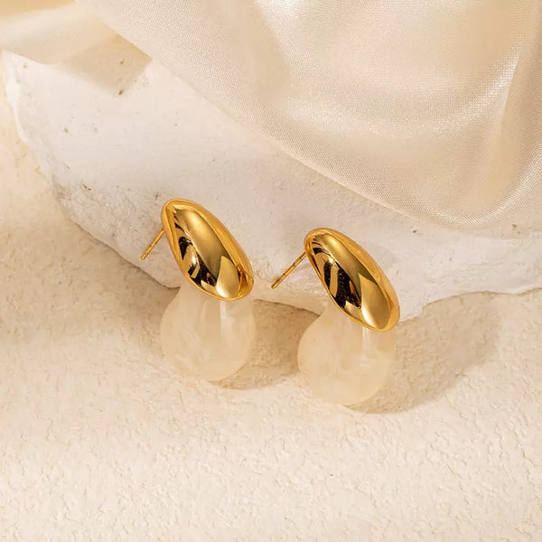 Cream Resin Water Drop 18K Gold Filled Ear Studs