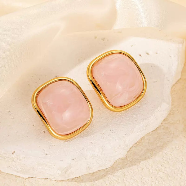 Pink Resin Square Shape 18K Gold Filled Ear Studs