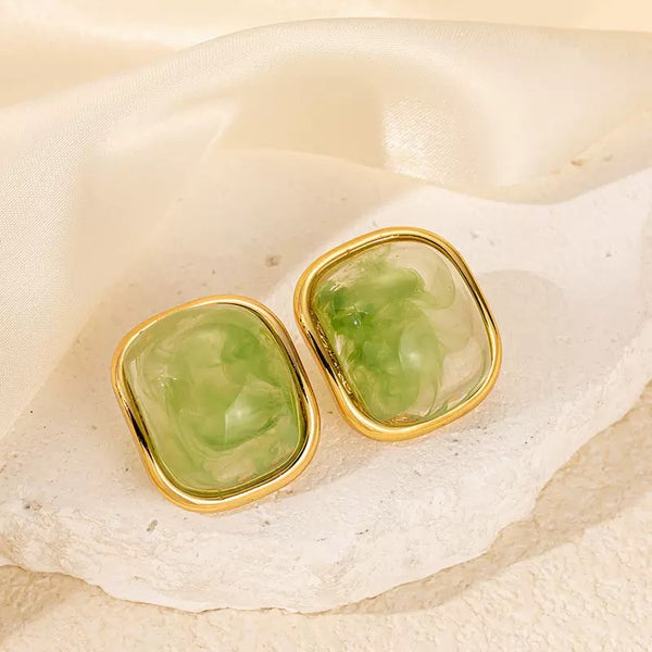 Green Resin Square Shape 18K Gold Filled Ear Studs