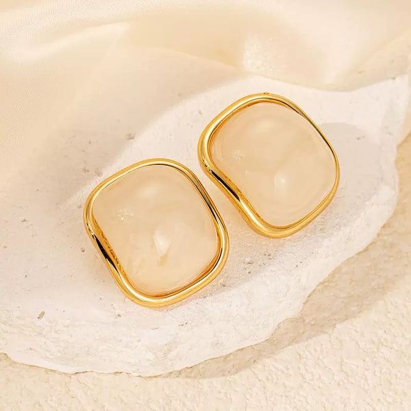 Cream Resin Square Shape 18K Gold Filled Ear Studs