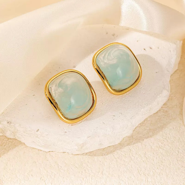 Blue Resin Square Shape 18K Gold Filled Ear Studs