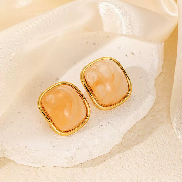 Orange Resin Square Shape 18K Gold Filled Ear Studs
