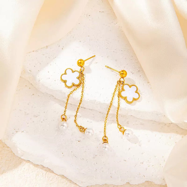Flower Dangle 18K Gold Filled Ear Studs With Pearl