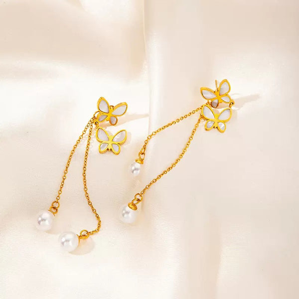 Butterfly Dangle 18K Gold Filled Ear Studs With Pearl