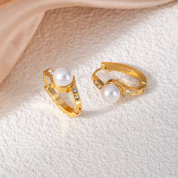 Dainty 18K Gold Filled Huggies With Pearl, Cubic Zircon