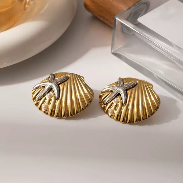 Shell Shaped Earrings 18K Gold Filled Ear Studs With Pearl