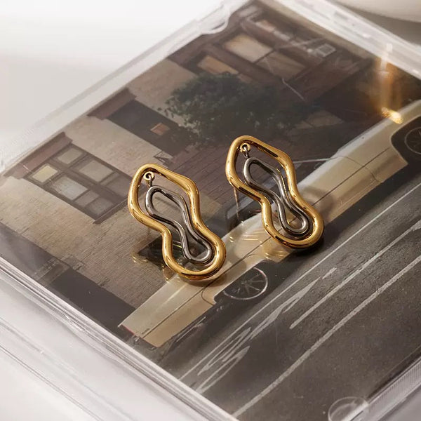 Two Tone Geometric Shape Earrings 18K Gold Filled Ear Studs