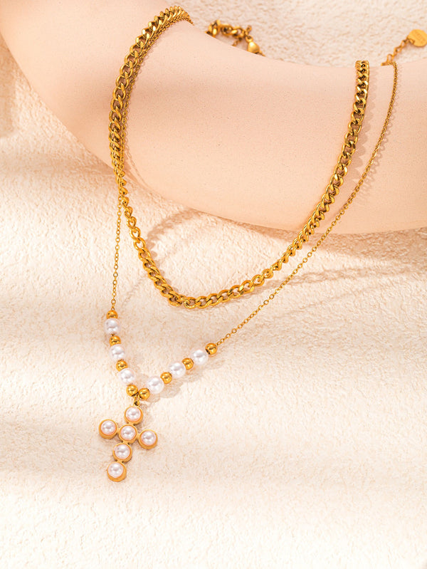 Double Layered Pearl 18K Gold Filled Over Stainless Steel Necklace