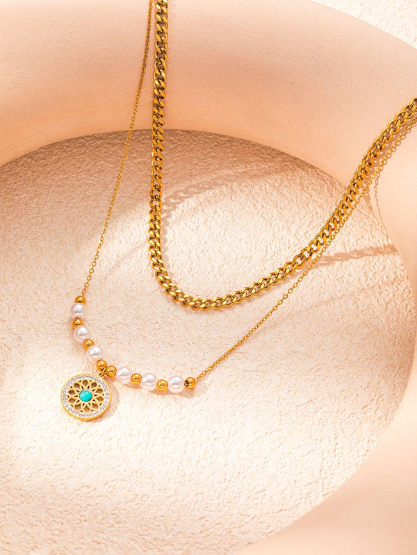 Double Layered Pearl 18K Gold Filled Over Stainless Steel Necklace