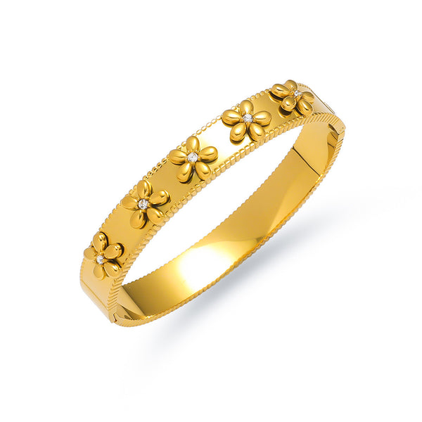 3D Flower 18K Gold Filled Over Stainless Steel Bangle With Cubic Zircon