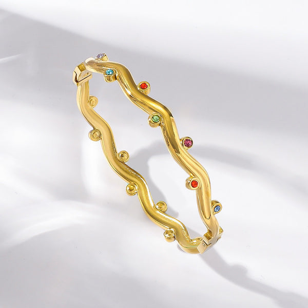 Multicolor 18K Gold Filled Over Stainless Steel Bangle With Cubic Zircon
