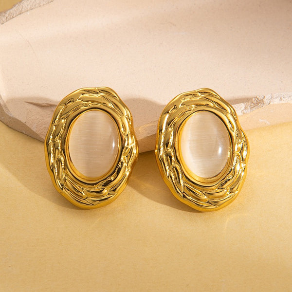 Oval SHape 18K Gold Filled Ear Studs With Natural Stone