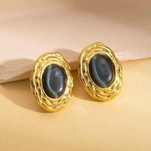 Oval SHape 18K Gold Filled Ear Studs With Natural Stone