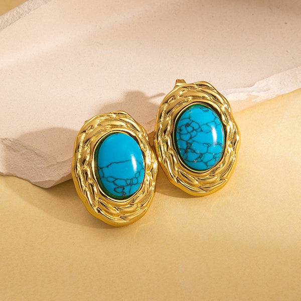 Oval SHape 18K Gold Filled Ear Studs With Turquoise