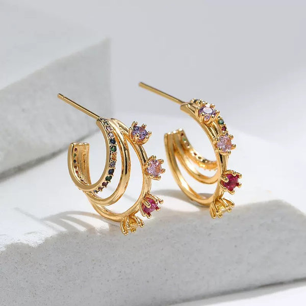 Multicolor 18K Gold Filled Ear Studs With Cubic Zircon