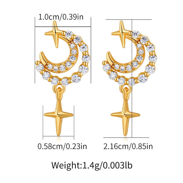 Moon And.Star 18K Gold Filled Ear Studs With Cubic Zircon